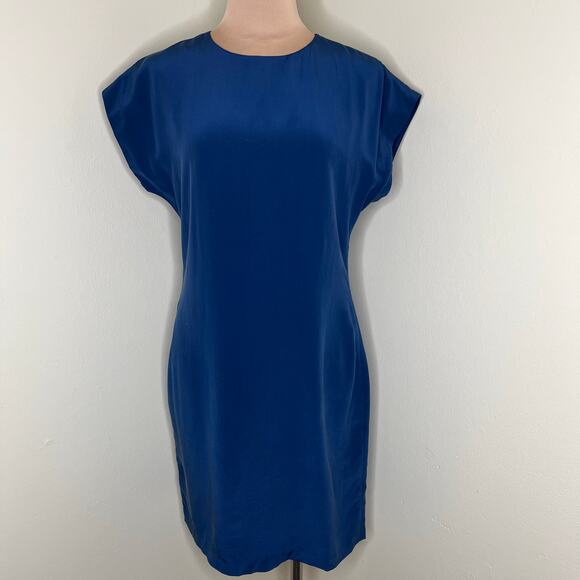 Vintage Dresses & Skirts - Vtg Antonia Collection 100% Silk Dress 8 Womens Blue Shift Mini Work Minimalist